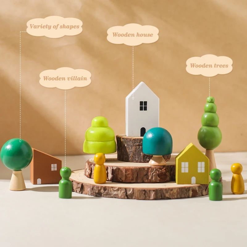 Montessori Sensory Toys Stacking Toys For Baby Forest Houses Replica Wooden Forest Blocks Early Childhood Education Game Gift