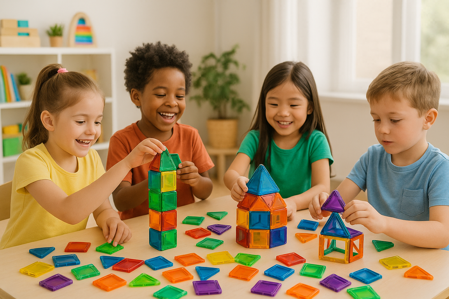 Children playing with magnetic tiles